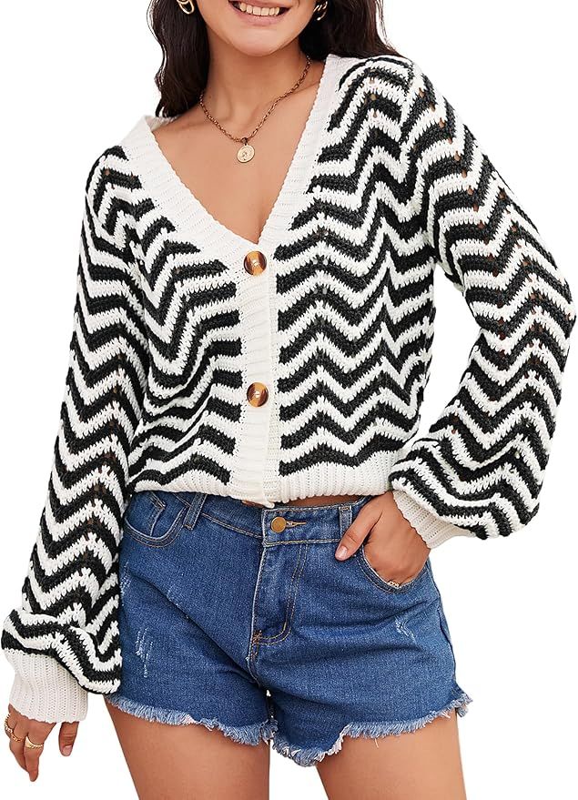 ZAFUL Women's Long Sleeve Cardigan Sweaters V Neck Button Down Hollow Knit Cardigans Top | Amazon (US)