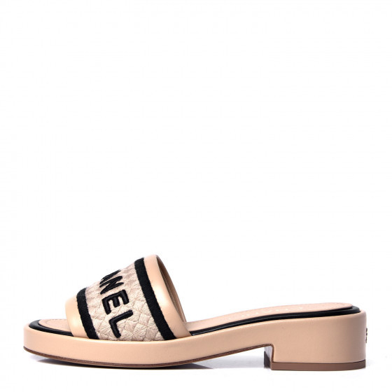 CHANEL Lambskin Embroidered Logo Mules 35 Beige Black | Fashionphile