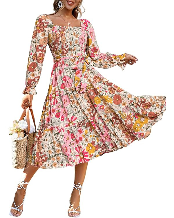 Simplee Womens Long Sleeve Maxi Floral Dress Casual Square Neck Long Flowy Boho Dresses | Amazon (US)