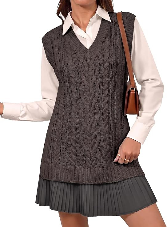 Fisoew Womens Cable Knit Sweater Vest Pleated Patchwork Sleeveless Dress | Twofer Style, Crewneck... | Amazon (US)