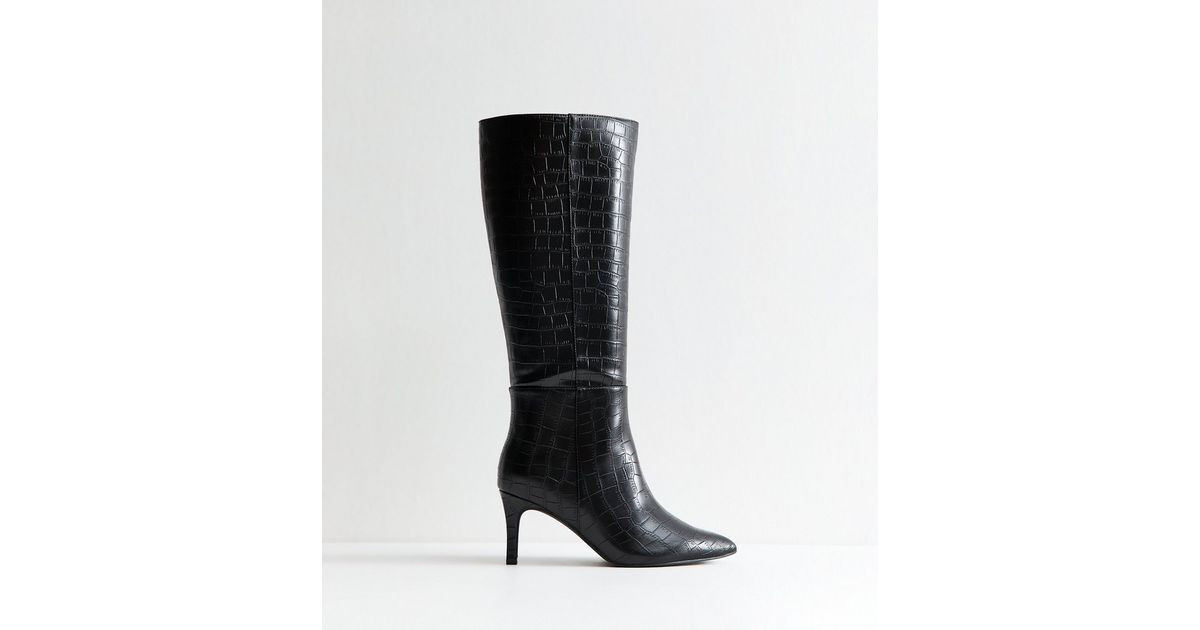 Wide Fit Black Croc Embossed Stiletto Knee High Boots | New Look | New Look (UK)
