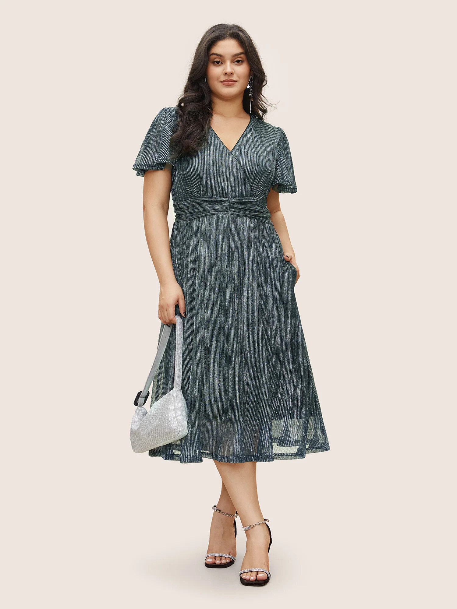 Glitter Mesh Surplice Neck Ruffle Sleeve Pocket Midi Dress | Bloomchic
