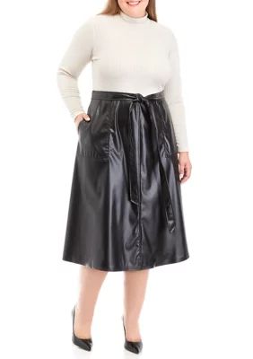 Maison Tara Plus Size Woven Top to Faux Leather Skirt Dress | Belk