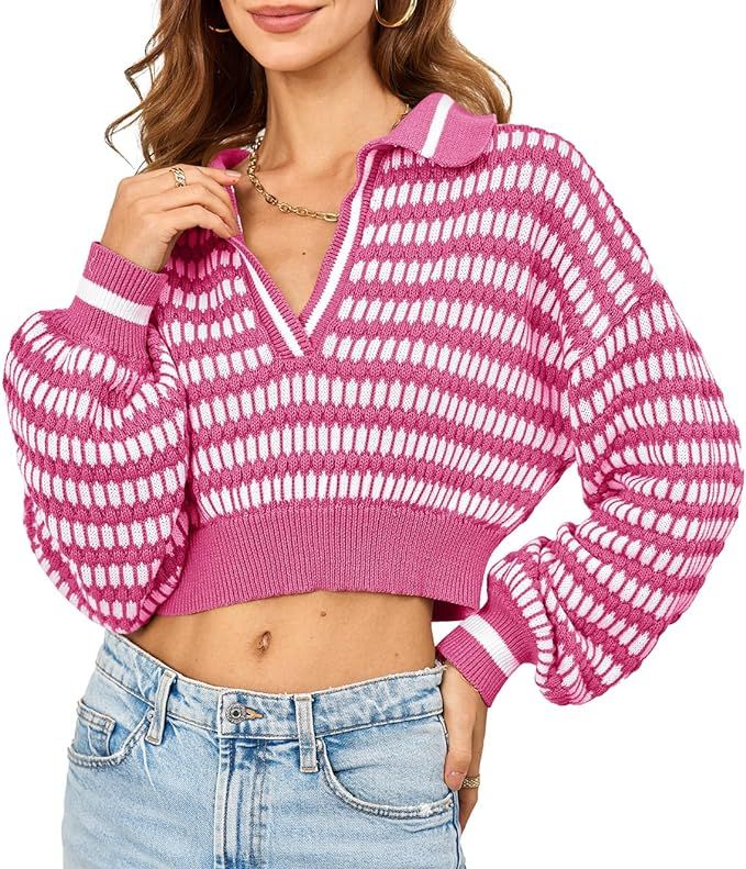 Saodimallsu Womens Cropped Striped Sweater V Neck Sexy Knit Collared Long Puff Sleeve Cotton Pull... | Amazon (US)