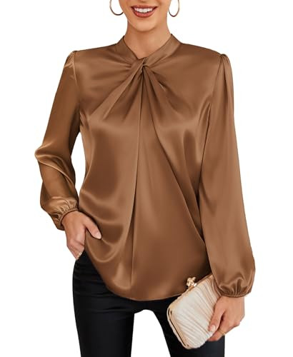 GRACE KARIN Women's Long Sleeve Shirts Mock Neck Casual Satin Blouse Tops for Business Office Work Dark Brown S | Amazon (US)