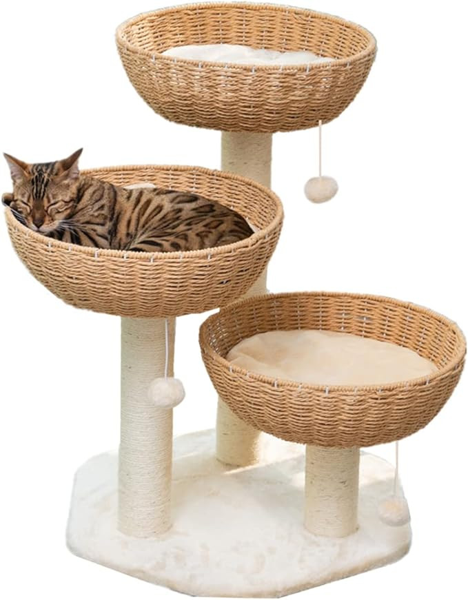SHENGOCASE Cat Tree Tower with Rattan Wicker Basket, 3 Handwoven Large Nest Baskets Bed, Window P... | Amazon (US)