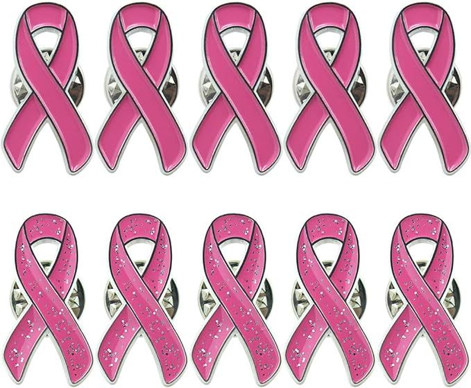 10 Pack Pink Ribbon Breast Cancer Awareness Lapel Pin with Glitter Filled Two Styles Bundle Color... | Amazon (US)