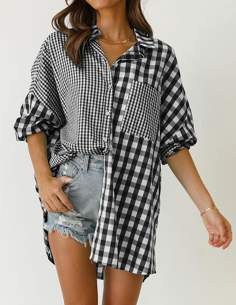ZESICA Women's Casual Plaid Patchwork Long Sleeve Button Down Oversized Shirt Blouse Top | Amazon (US)