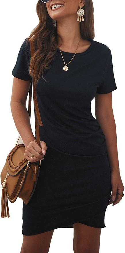 BTFBM Women's 2021 Casual Crew Neck Short Sleeve Ruched Stretchy Bodycon T Shirt Short Mini Dress | Amazon (US)