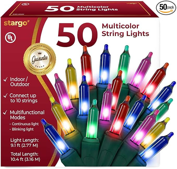 Warm Multi Color Christmas Tree Lights - 9 ft String of 50 Incandescent Mini Bulbs Multifunctiona... | Amazon (US)