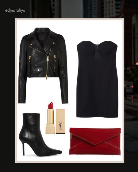 Strapless black dress
Black cropped leather jacket 
Black booties
Red patent clutch 
Holiday dress
Holiday outfit
Holiday party outfit 
NYE dress

#LTKSeasonal #LTKshoecrush #LTKHoliday