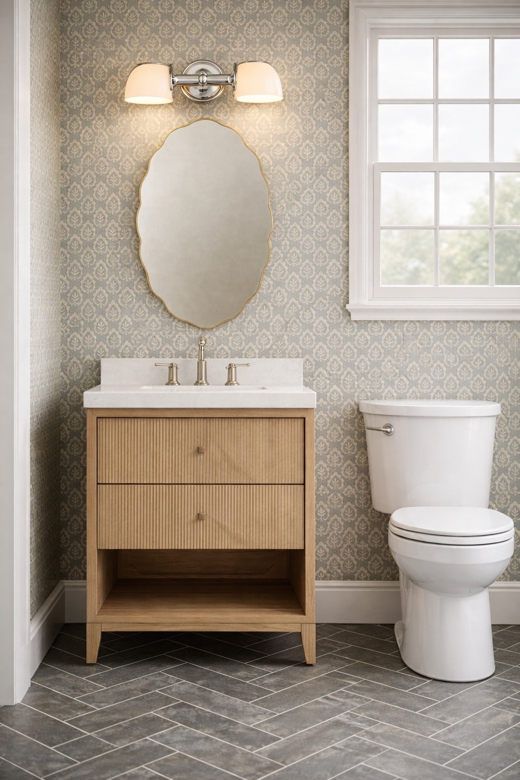 We’ll be giving our powder room a makeover with our big reno over the summer and I had a chance to play around with some design ideas today! I chose a fluted light oak vanity that offers good storage, along with a mix of polished nickel and brass finishes. I’m loving this Sanderson wallpaper paired with the herringbone tile floor too. 

I’ve been doing a lot of rendering with AI recently and it’s so helpful to visualize things. Here’s where I landed for today! I’d be thrilled with these selections, but being a designer makes it hard to actually finalize things. 🥴 Loving the idea generation phase though!

#LTKHome