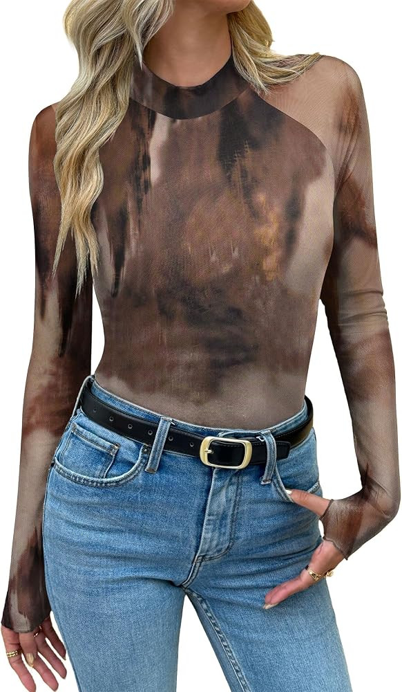 Zeagoo Long Sleeve Shirts for Women Floral Mesh Sheer Top Mock Neck Double Lined Fitted Going Out... | Amazon (US)