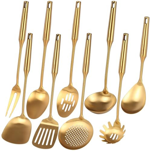 Gold Kitchen Utensils Set - 18/10 Stainless Steel Cooking Tools, 15" All Metal Serving Utensils with Fork, Solid/Slotted Spoon, Spatula, Ladle, Skimmer, Tunner, Pasta Spoon, Large Spoon, Set of 9 | Amazon (US)