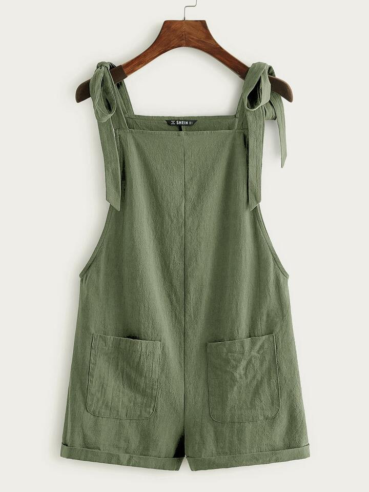 SHEIN EZwear Knot Strap Pocket Patched Pinafore Romper | SHEIN