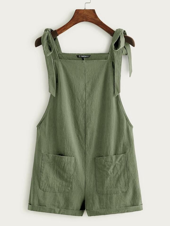 SHEIN EZwear Knot Strap Pocket Patched Pinafore Romper | SHEIN