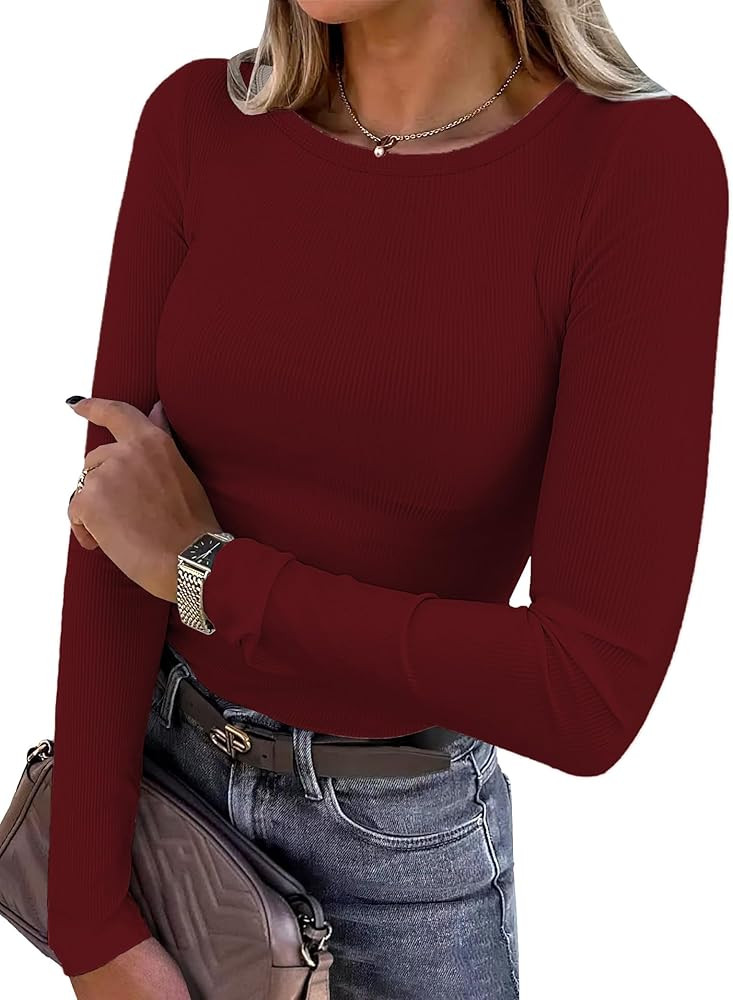 Women Long Sleeve Shirts Rib Knit Slim Fit Tops Basic Tee 2025 Fall Outfits Casual CrewneckT-Shir... | Amazon (US)