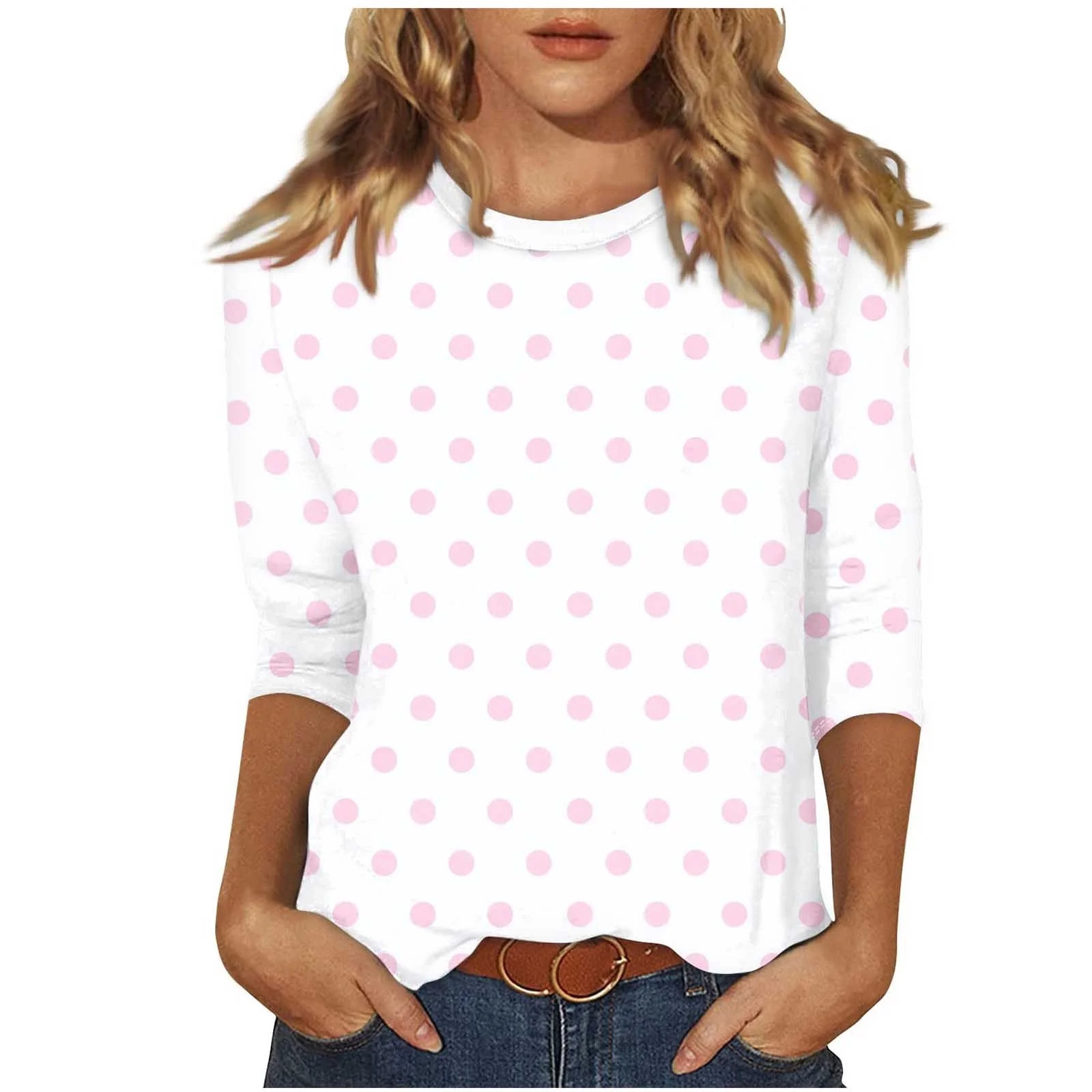 DecSea Womens Tops 3/4 Sleeve Shirts Round Neck Loose Casual Blouses Polka Dots Tshirts | Walmart (US)