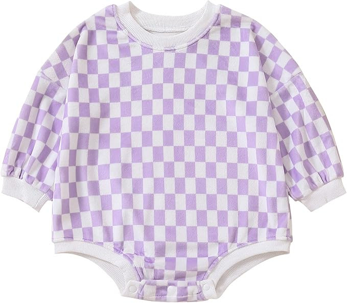 Baby Neutral Clothes Checkerboard Crewneck Sweatshirt Romper Oversized Long Sleeve Plaid Bubble B... | Amazon (US)