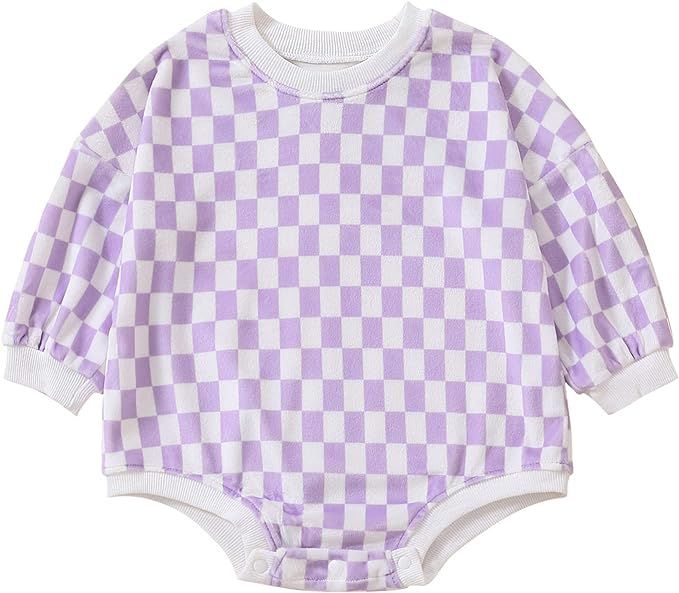 Baby Neutral Clothes Checkerboard Crewneck Sweatshirt Romper Oversized Long Sleeve Plaid Bubble B... | Amazon (US)