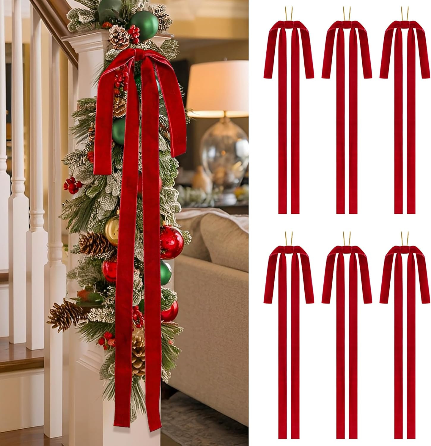 SIMISI RIBBON Red Long Velvet Bows Ornaments for Christmas Tree, Wreath, Garland, Swag, Staircase... | Amazon (US)