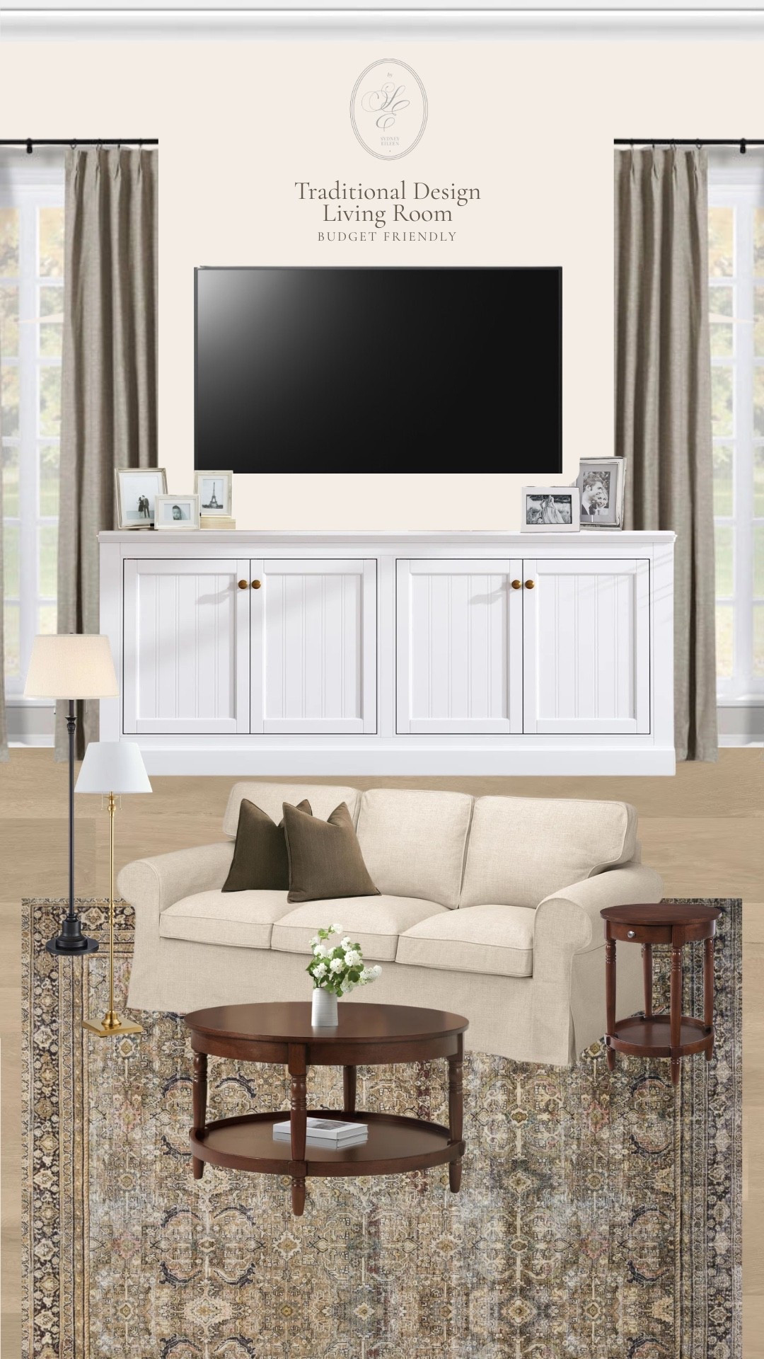 Budget friendly living room design, the media console is giving pottery barn vibes for half the price. #traditionalhome #homedecor #amazonhome #moodboard #livingroom #livedin 