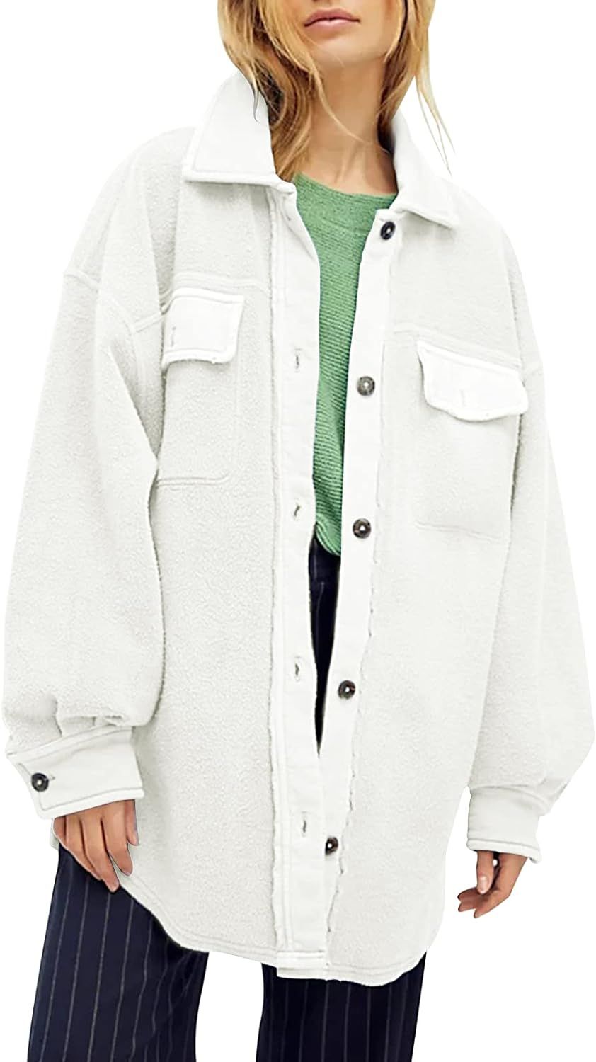 Amazon.com: Womens Oversized Long Sleeve Button Down Shirt Jacket Soft Comfy Casual Shacket Coats... | Amazon (US)