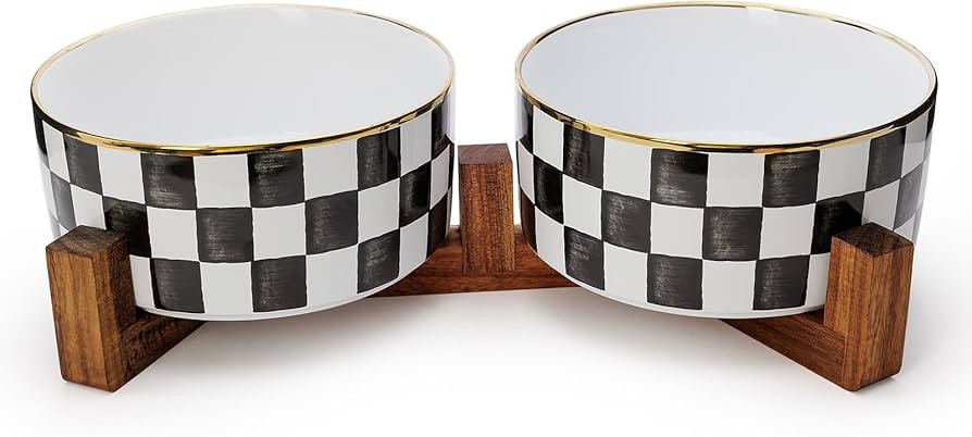Ceramic Dog Bowls for Medium Dogs, 3.5 Cups Checkered Dog Food and Water Bowl with Acacia Wood St... | Amazon (US)