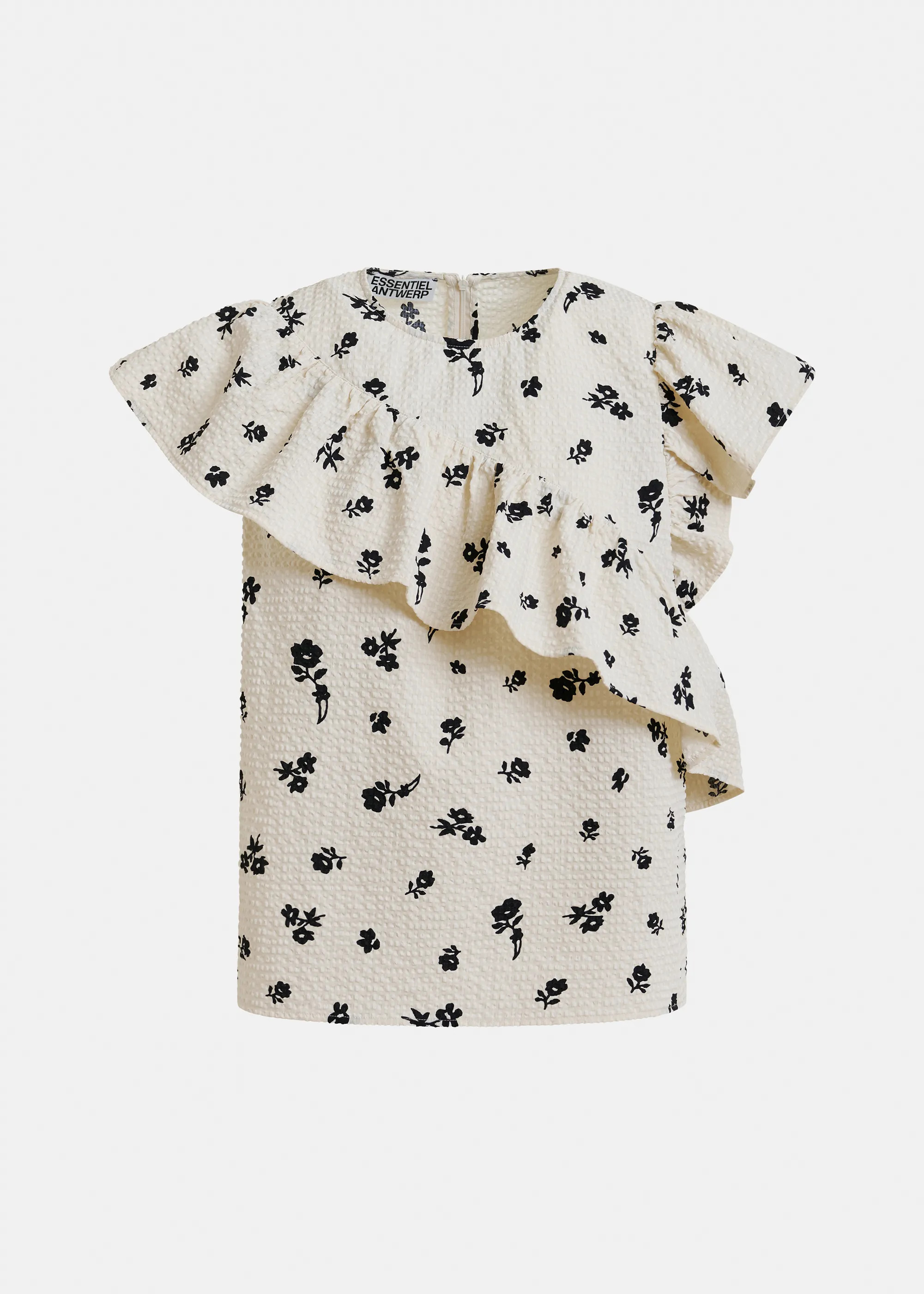 Off-white and black asymmetrical top with ruffle details | Essentiel Antwerp United Kingdom | Essentiel Antwerp