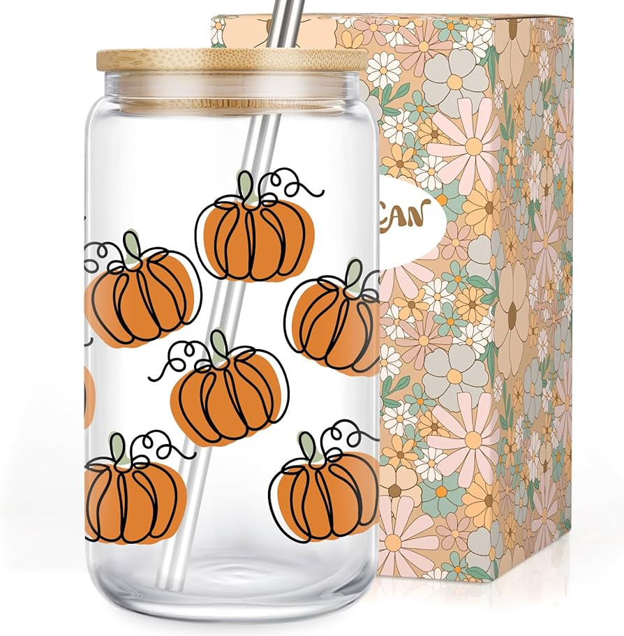 LEADO Fall Pumpkin Cup, Halloween Iced Coffee Cup, 16 oz Aesthetic Cute Glass Cups with Lids and ... | Amazon (US)