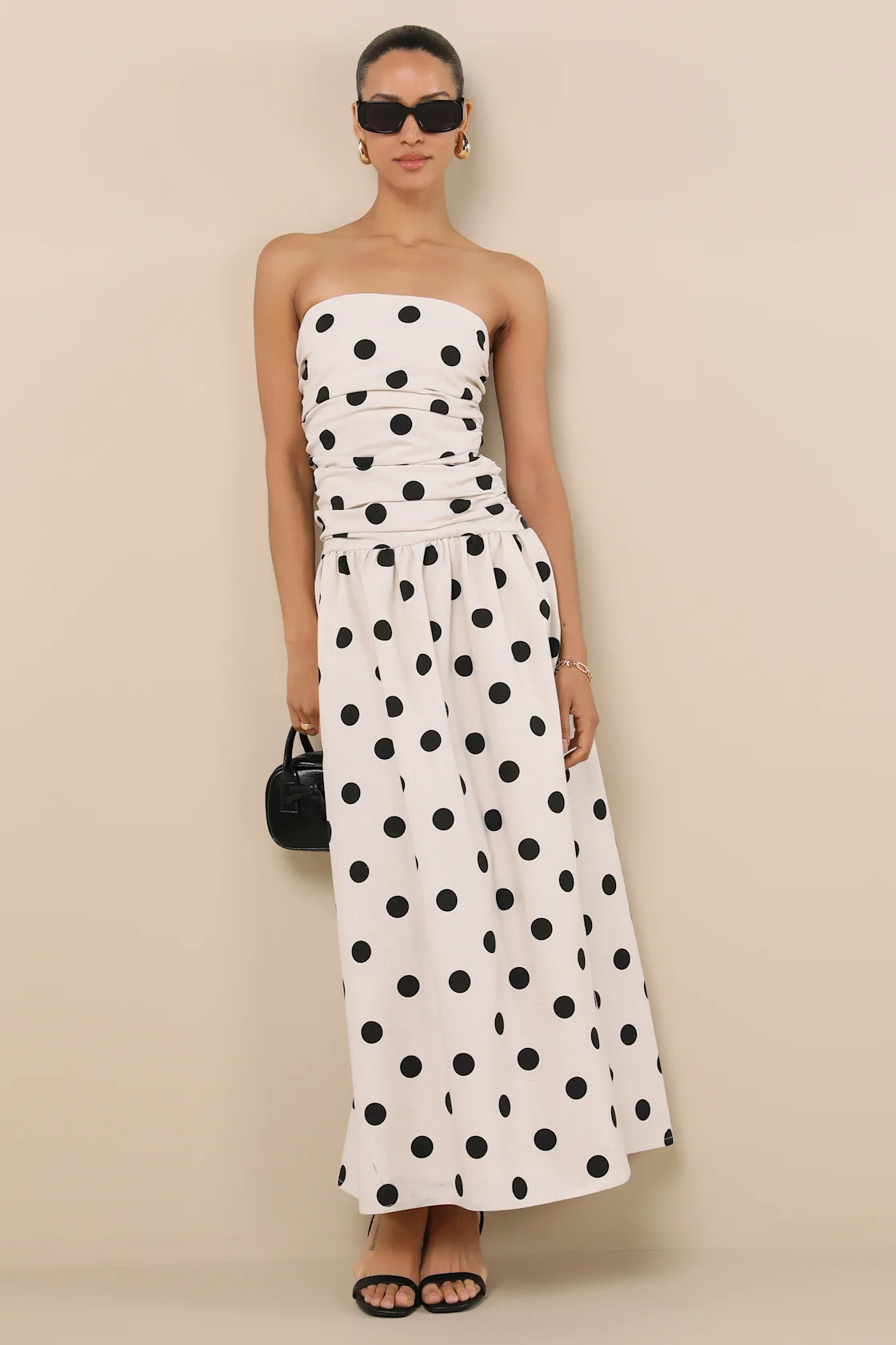 Brona Cream Polka Dot Ruched Drop Waist Strapless Midi Dress | Lulus