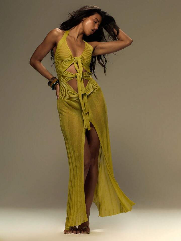 MUSERA Halter Neck Tie Details Cut Out Centre Split Maxi Dress Summer, Vacation, Festival Outfit, Y2k Wilden Out | SHEIN