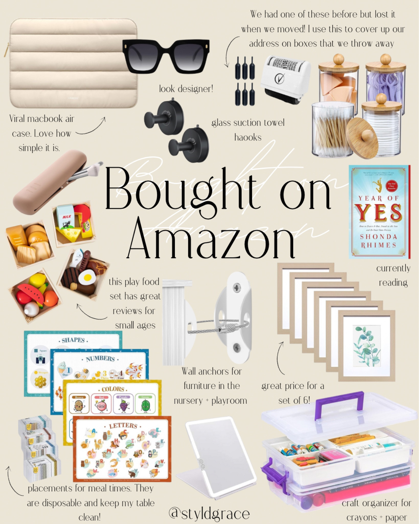 Recent things I’ve gotten on Amazon! 

Laptop case, MacBook sleeve, Amazon finds, Amazon sunglasses, Amazon home organization, toddler play food, toddler toys, books to read 2024, toddler must haves, playroom essentials, Amazon playroom, Amazon home decor, Amazon travel finds, Amazon bathroom finds, Amazon home decor, Amazon home organization 

#LTKkids #LTKhome #LTKfindsunder50