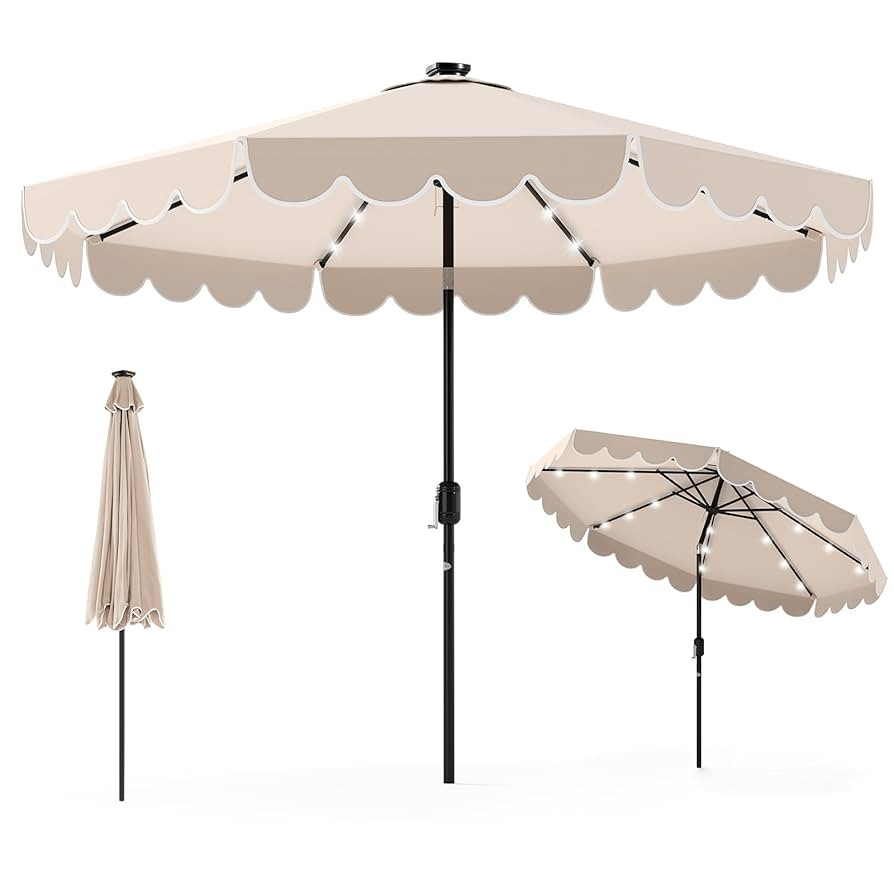 Tangkula 9 FT Solar Patio Umbrella, 2-Tiers Scalloped Outdoor Table Market Umbrella with 32 LED L... | Amazon (US)