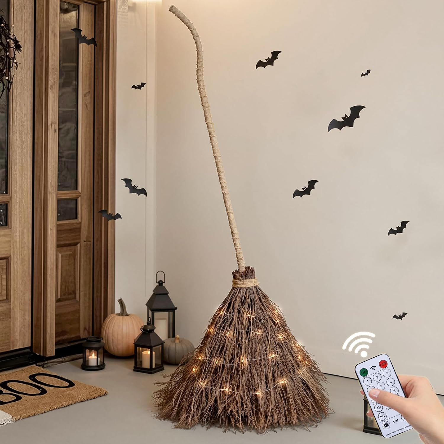 Halloween Decorations - Fall Decor - 6FT Giant Lighted Witch Broom, Handmade Real Twig Witches Broom with String Lights, Rustic Indoor Outdoor Halloween Decor for Porch, Yard, Front Door | Amazon (US)