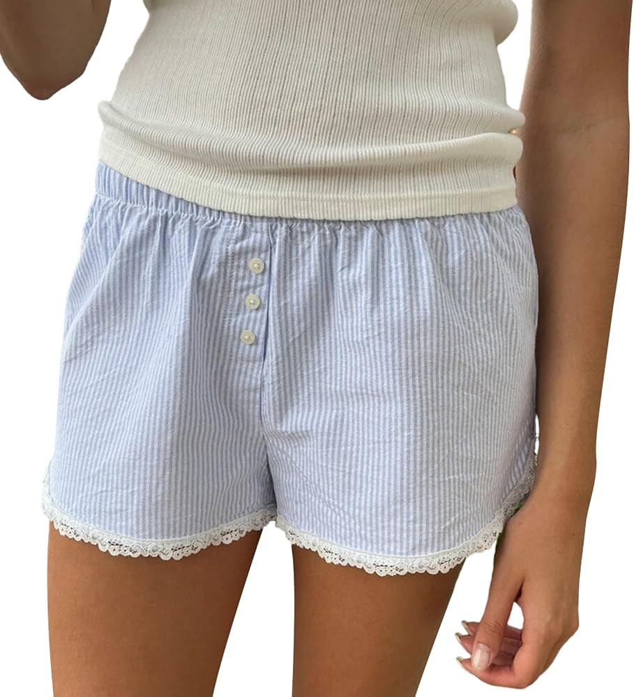 Women Y2K Lounge Pajamas Shorts Fairy Cottage Elastic Waist Lace Trim Striped Boxer Shorts Vintag... | Amazon (US)