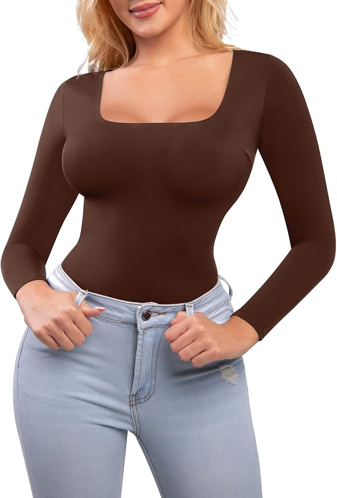 Popilush Square Neck Bodysuit for Women Long Sleeve Thong Shapewear Built In Bra Basic Jumpsuit C... | Amazon (US)