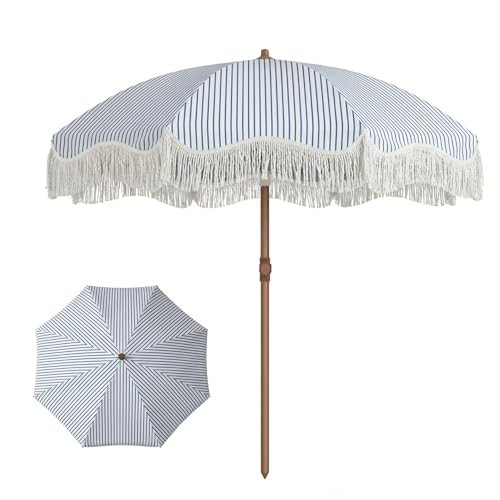 Patio Kingdom 7ft Patio Umbrella with Fringe, Boho Beach Umbrellas, Outdoor Tassels Umbrellas with Push Button Tilt & Carrying Bag, 8 Windproof Fiberglass Ribs, UPF50+, Blue and White Stripe | Amazon (US)