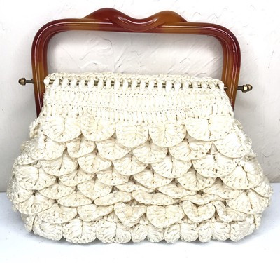 Vintage Beige Straw Handbag Purse Bakelite ? Handle Ivory Woven Crochet Boho  | eBay | eBay US