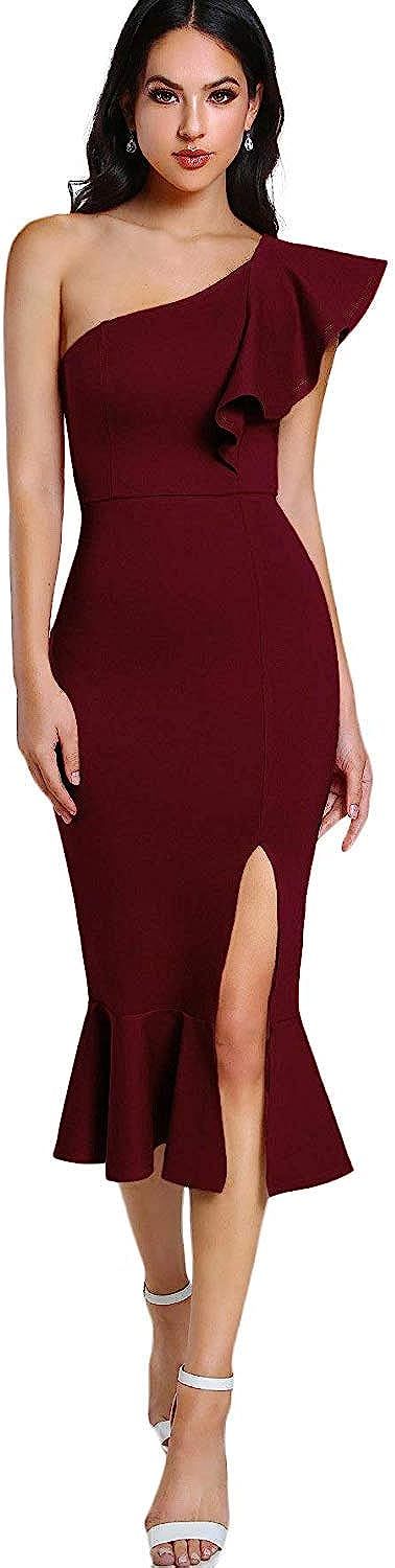 Floerns Women's Ruffle One Shoulder Split Midi Party Bodycon Dress | Amazon (US)