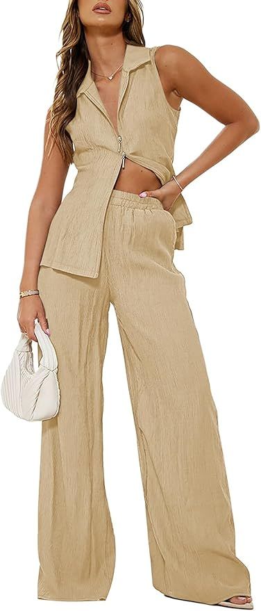 Pink Queen Womens Two Piece Outfits for Women Casual Sleeveless Top Wide Leg Pants Lounge Sets wi... | Amazon (US)