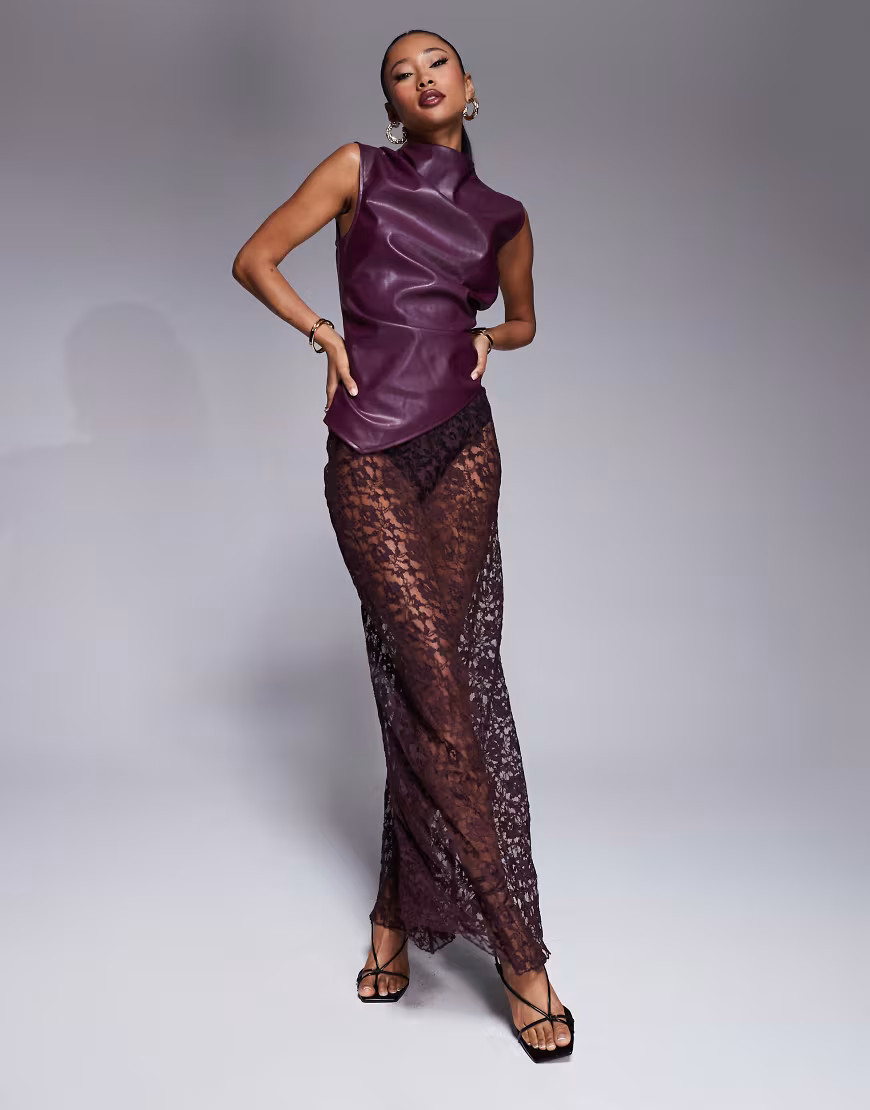 ASOS DESIGN lace bias maxi skirt in burgundy-Black | ASOS (Global)