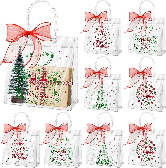 Henoyso 24 Pcs Christmas Clear Gift Bags with Handles and Ribbon Plastic Christmas Candy Treat Ba... | Amazon (US)