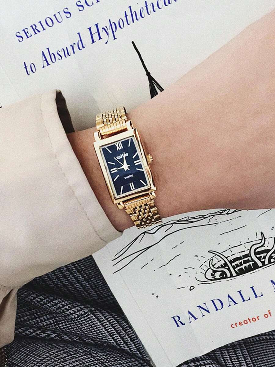 New Arrival Square-shaped Casual, Minimalistic Stainless Steel Strap Lady's Watch, Gold Dial | SHEIN