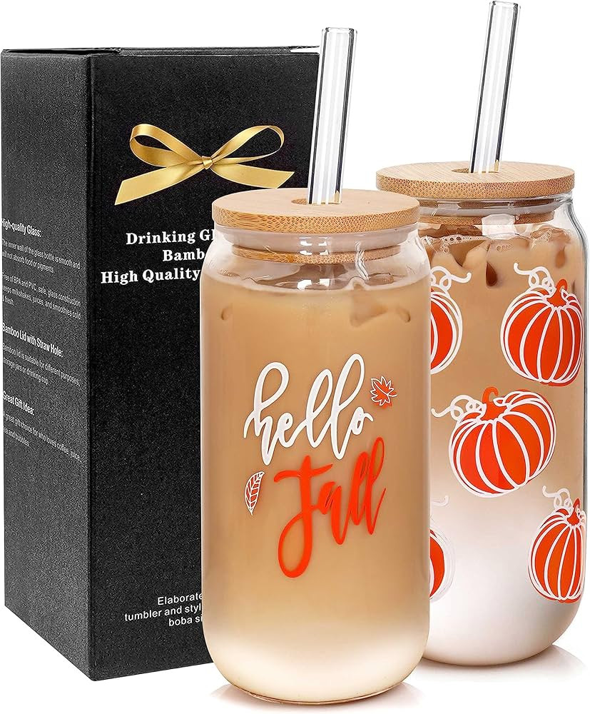 ANOTION Fall Coffee Cups - 18oz Fall Glass Cups with Lids and Straws Fall Decor Tumbler Iced Coff... | Amazon (US)