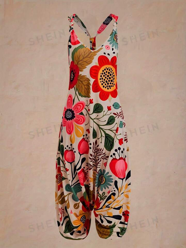 SHEIN LUNE Women's Summer Loose Floral Print Wide Leg Jumpsuit With Spaghetti Straps | SHEIN
