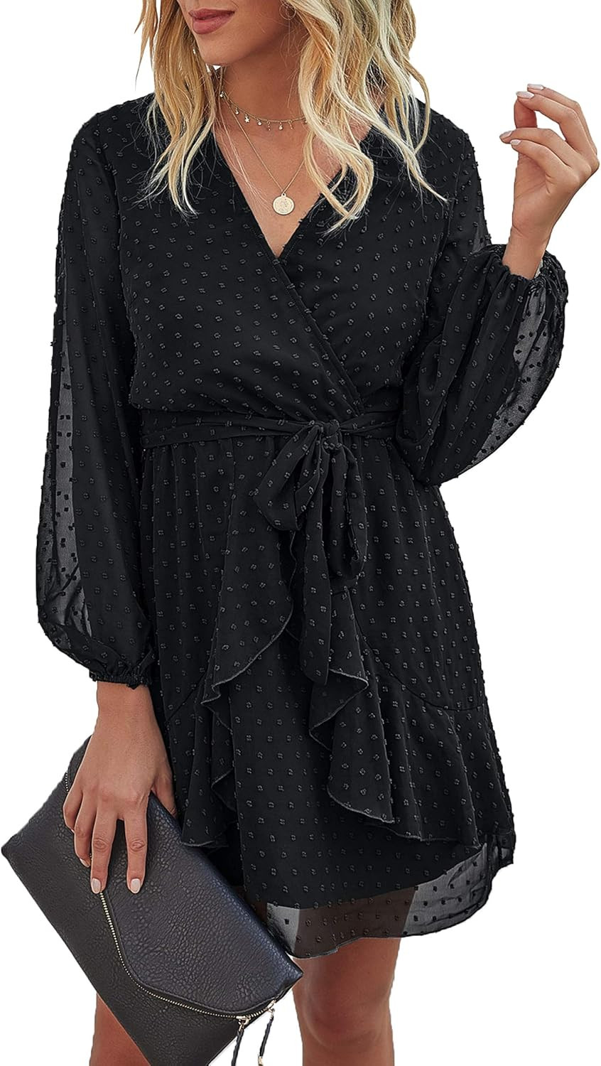 ECOWISH Women V Neck Short Sleeve Polka Dot Floral Pattern A-Line Tie Belt Short Dress with Ruffl... | Amazon (US)