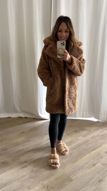 Teddy Bear Coat 
Abercrombie 
Coat 
Fuzzy slippers 
Faux leather leggings 

#LTKstyletip #LTKunder100 #LTKunder50