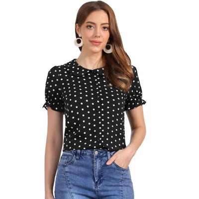 INSPIRE CHIC Women's Elegant Puff Sleeve Polka Dots Peter Pan Collar Vintage Shirt Top Small Black White | Target
