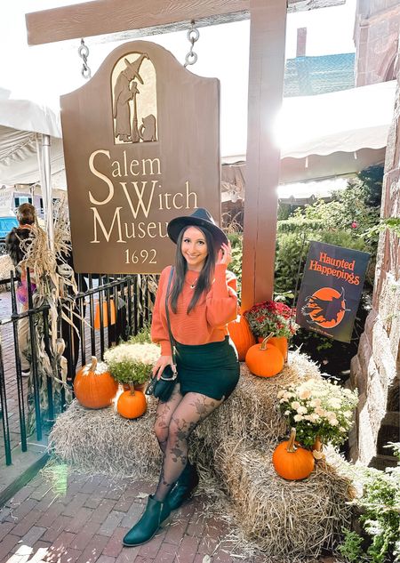 Salem in October! 😍 I debated between two fall fits for my day in Salem, but I’m so happy I went with this black suede skirt! I honestly got a lot of compliments on this outfit, and despite being a cool day, these rose vine tights and orange sweater kept me warm! I walked around for 8 hours and these boots were pretty comfortable for a higher ankle boot! Also, this hat is from Amazon but I wasn’t able to link it! You can find it on my Amazon store front xo.christina.marie . If you get a chance to visit Salem in the fall, I highly recommend—but, do it during the week so it’s less busy! The weekends get cray! 🙃 #witchyvibes #halloween #falloutfit #fallfashion #blackskirt #orangesweater #blackboots #halloweenoutfit #Salemoutfit

#LTKSeasonal #LTKunder100 #LTKHalloween